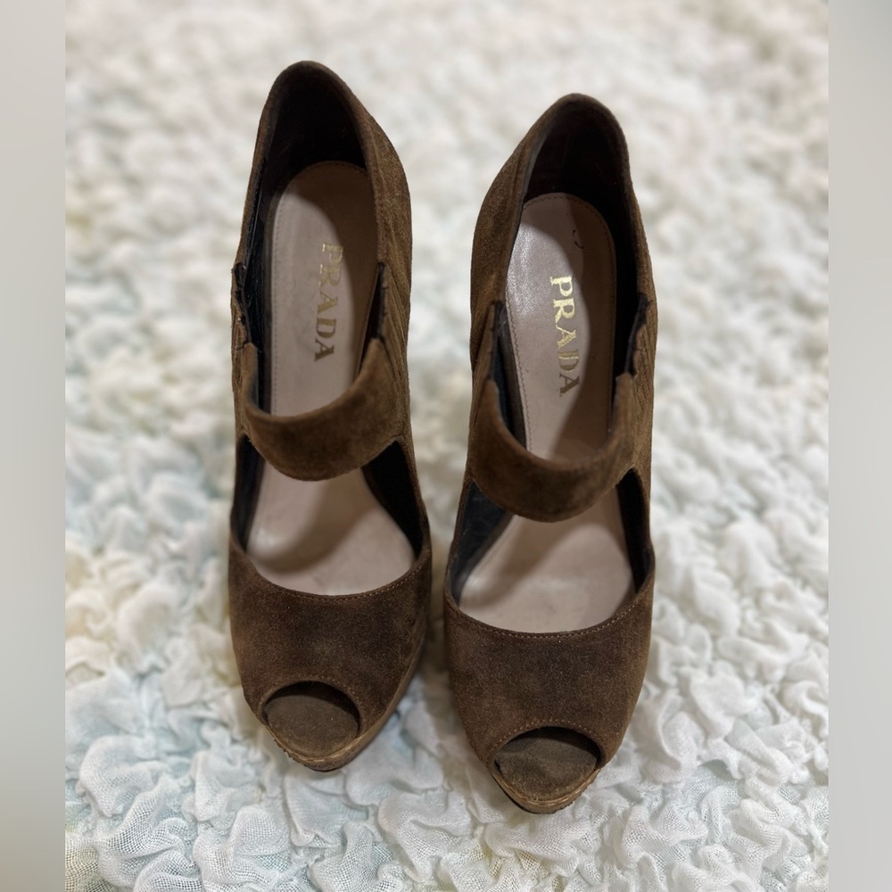 Prada Suede Sandals Neutrals Block Heels
